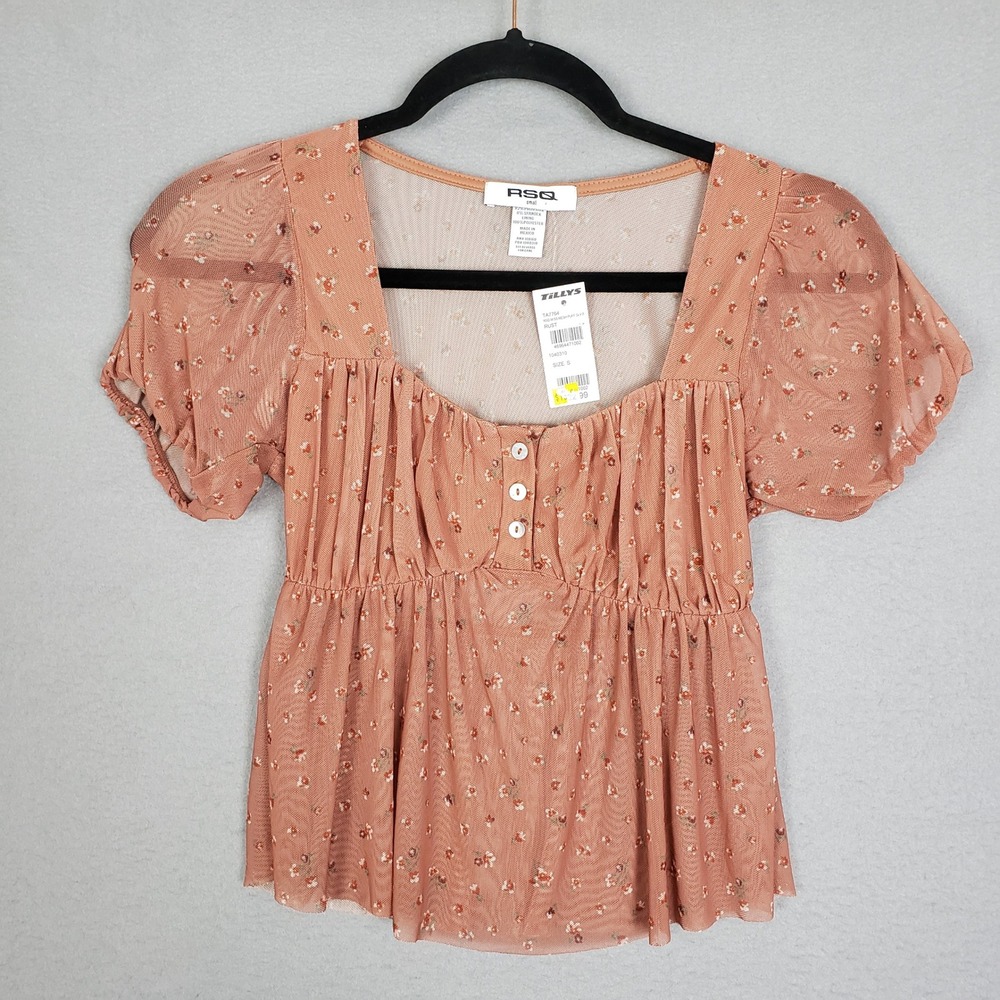 RSQ Sz S Puff Sleeve Peasant Top Sheer Pink Rose Milkmaid Coquette Babydoll NWT